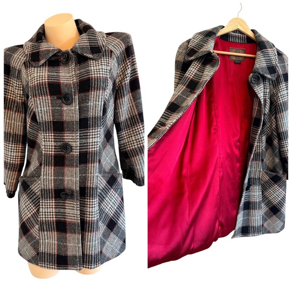 Guess Jackets & Blazers - Guess Jeans Plaid Wool Blend Coat Womens L Black White Red Preppy Academia